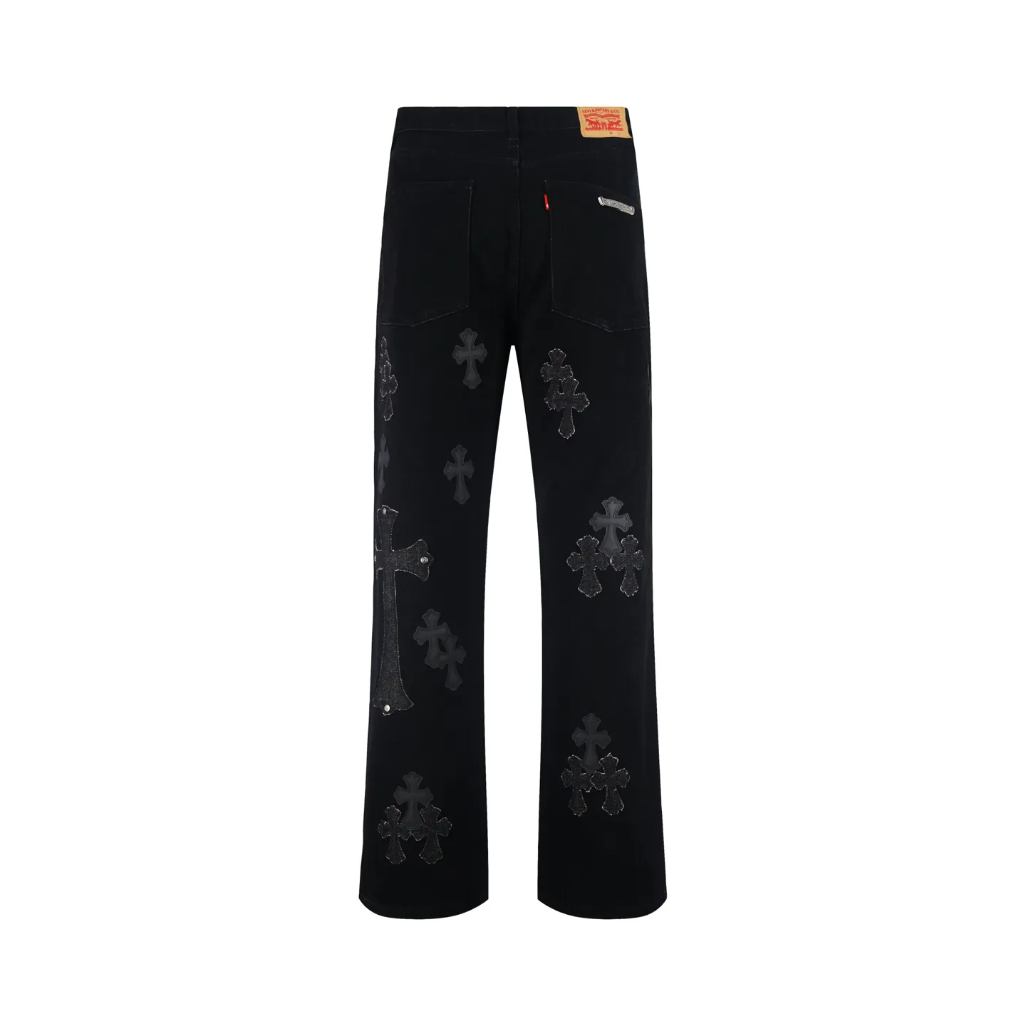 🅿️800 [Exclusive supply] CH Crow Heart Cow King Jeans (Black) Use genuine levis502 as the base plate. Purchase the original version at 5W. Heavy washing, frayed and distressed, customized cowhide cross. After dyeing, it will be fixed and will not fade. Fully right-angle fit hand embroidery thread, a total of 5 small silver nails on the whole body, 1 silver medal, 5 Cross Scout flower buttons. The silver content is 85%. It is not made of 925 silver because the silver content is too high and it will easily turn black and oxidize, which affects the appearance. The printing adopts the garment screen water slurry printing process. Size:32/34/36/38